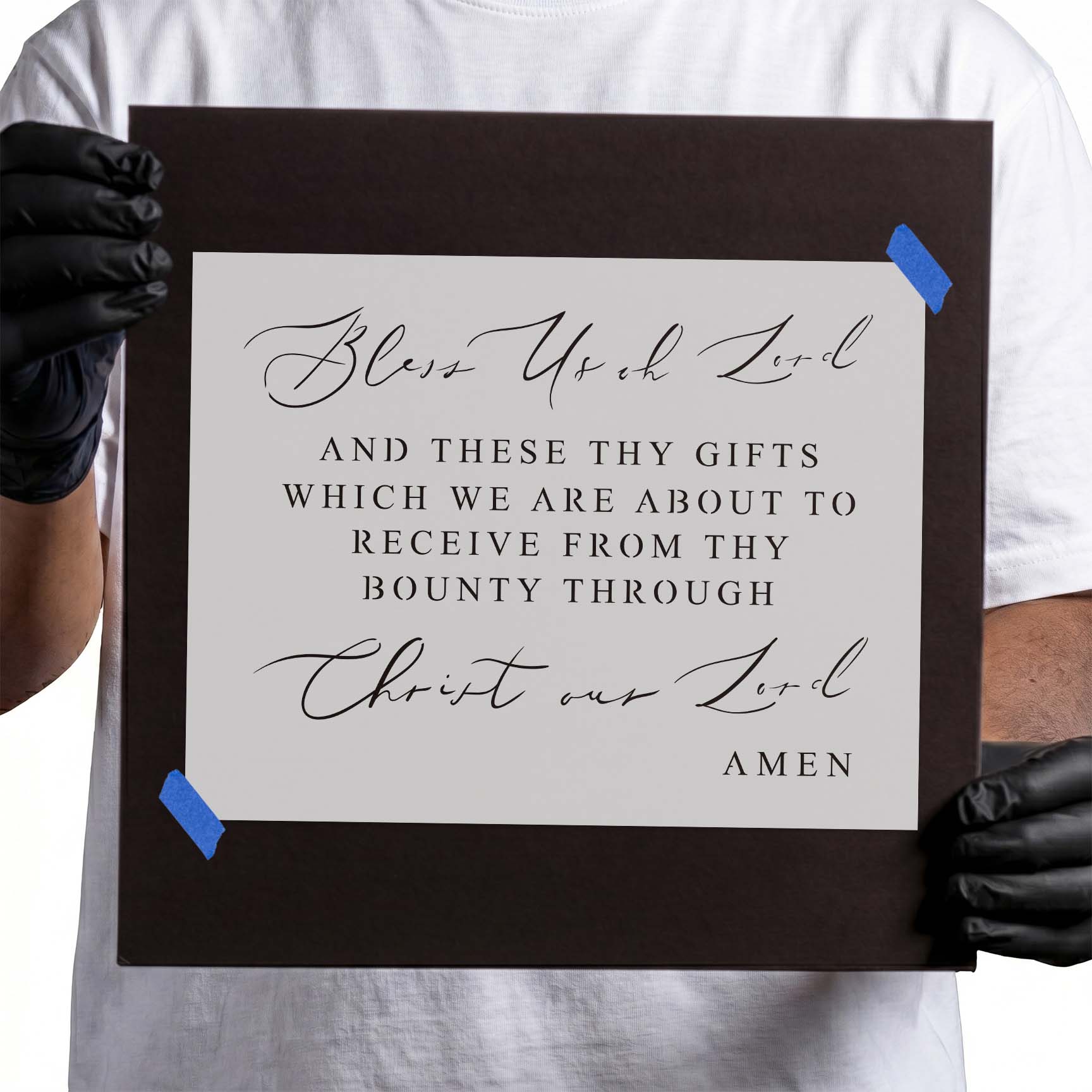 Bless Us Oh Lord prayer stencil with elegant script lettering