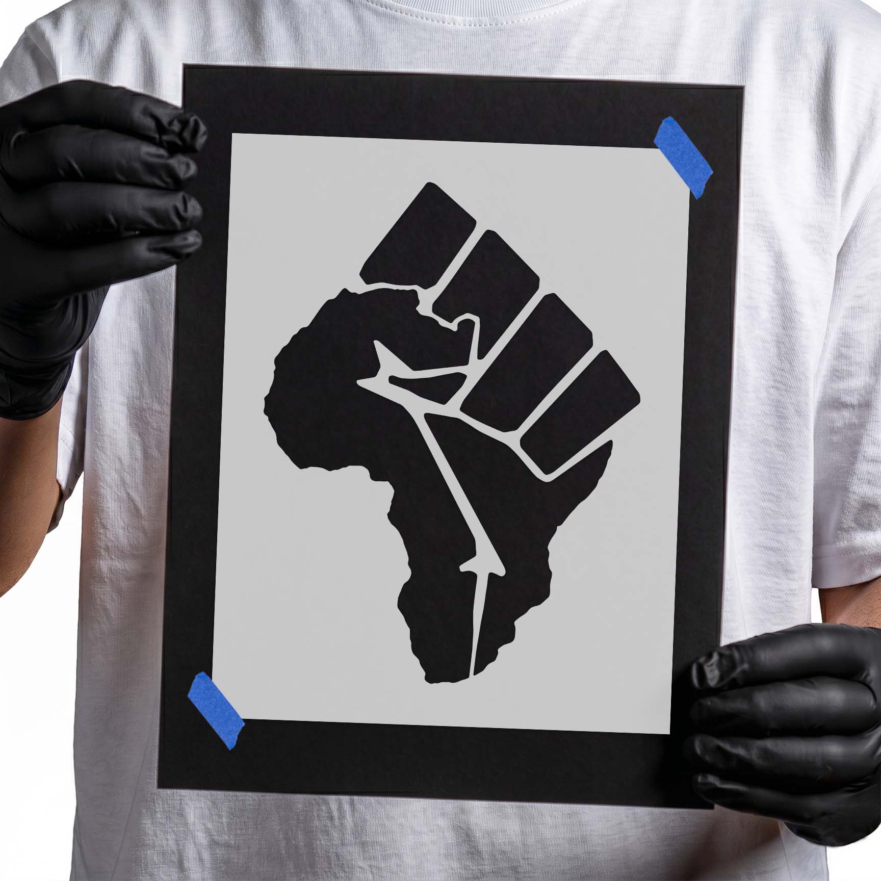 BLM Africa outline stencil featuring raised fist and African continent silhouette