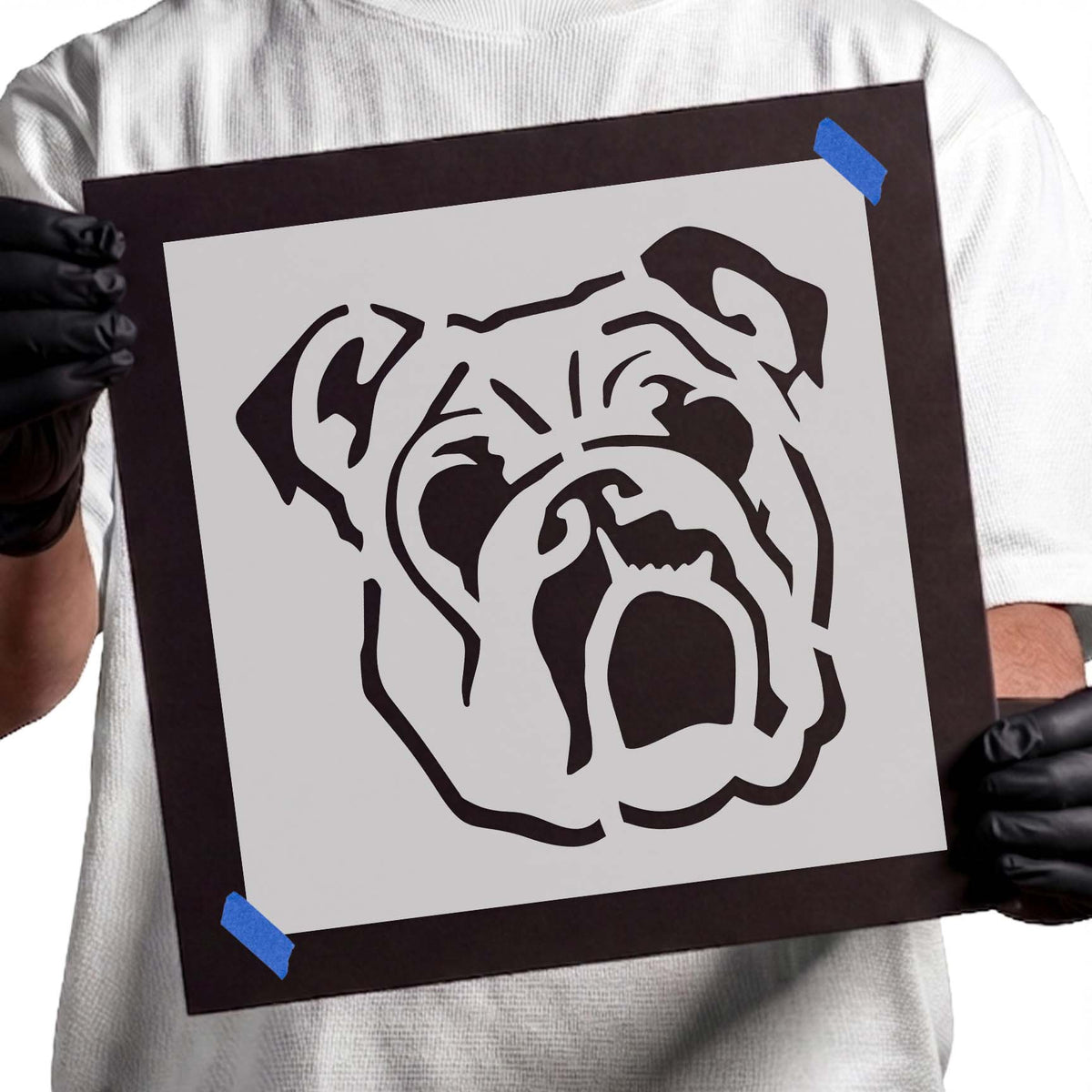 Bulldog stencil with wrinkled face, broad jowls and folded ears