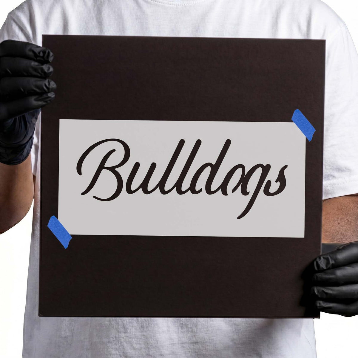 Bulldogs script stencil with flowing cursive lettering