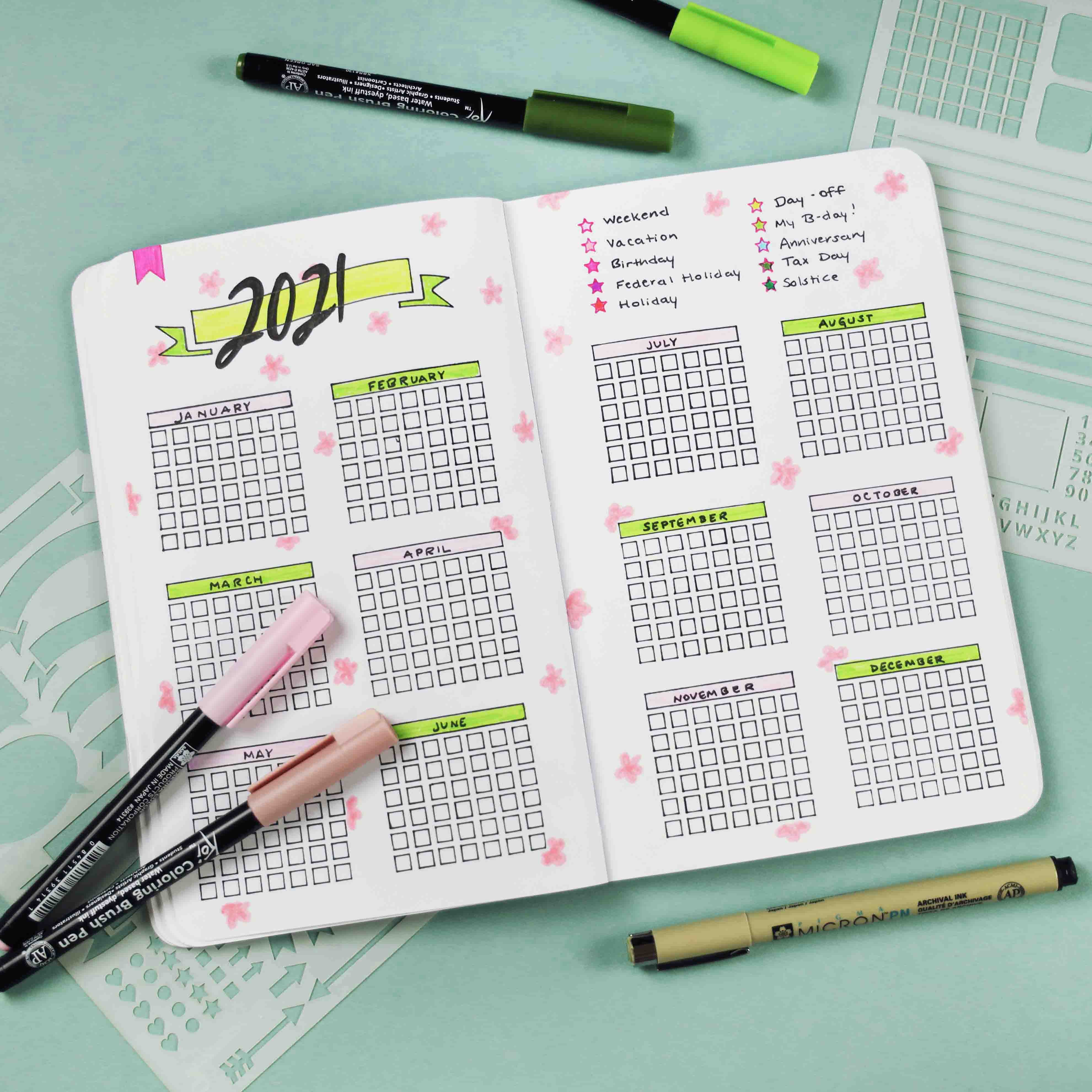 Monthly calendar with bullet journal stencils