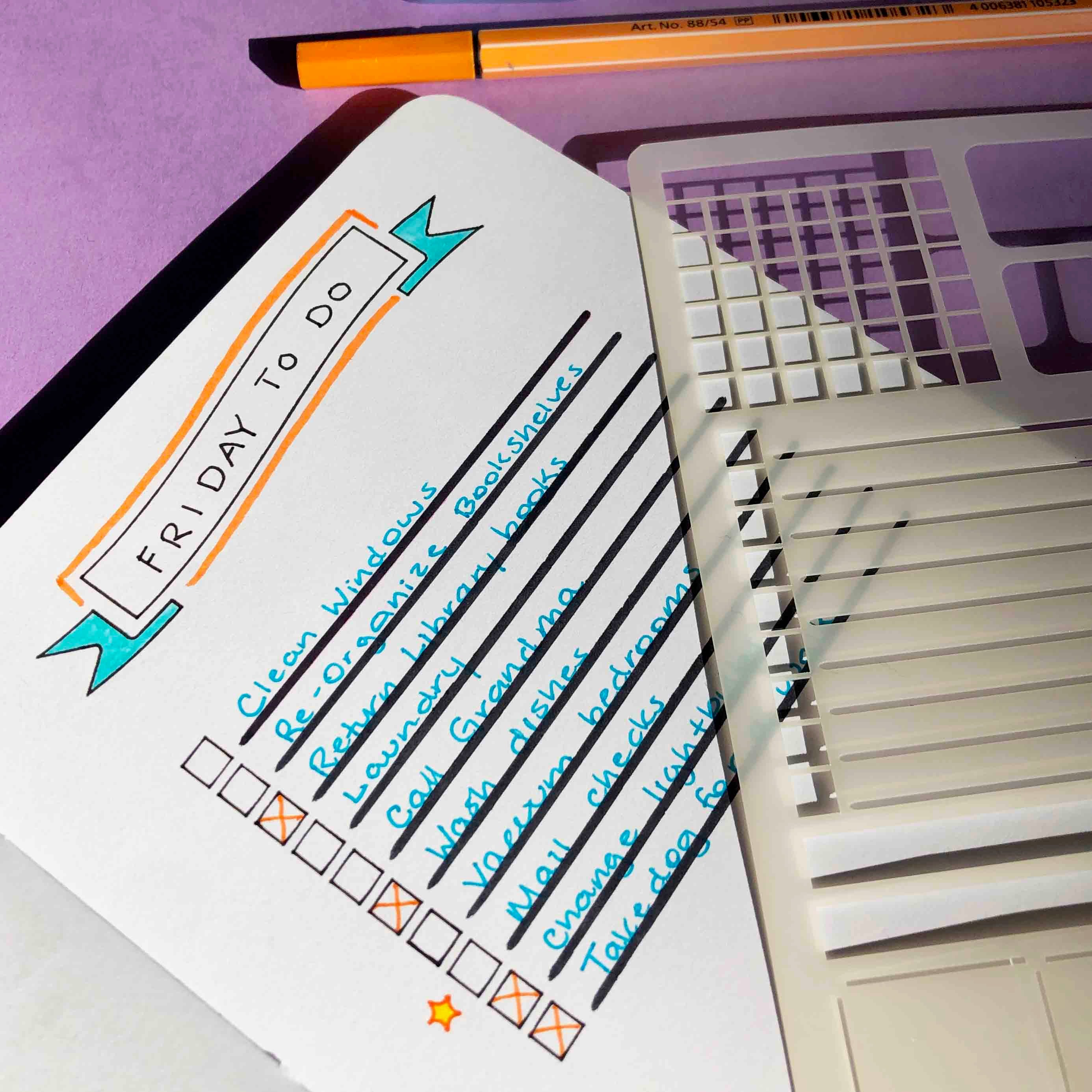 bullet journal stencil set with Friday to do list