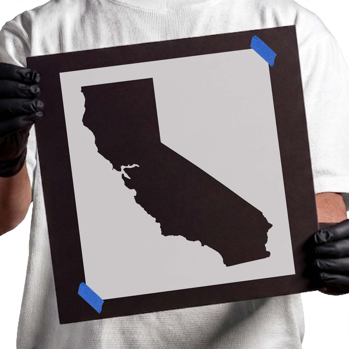 California stencil with recognizable state outline and Pacific coastline shape