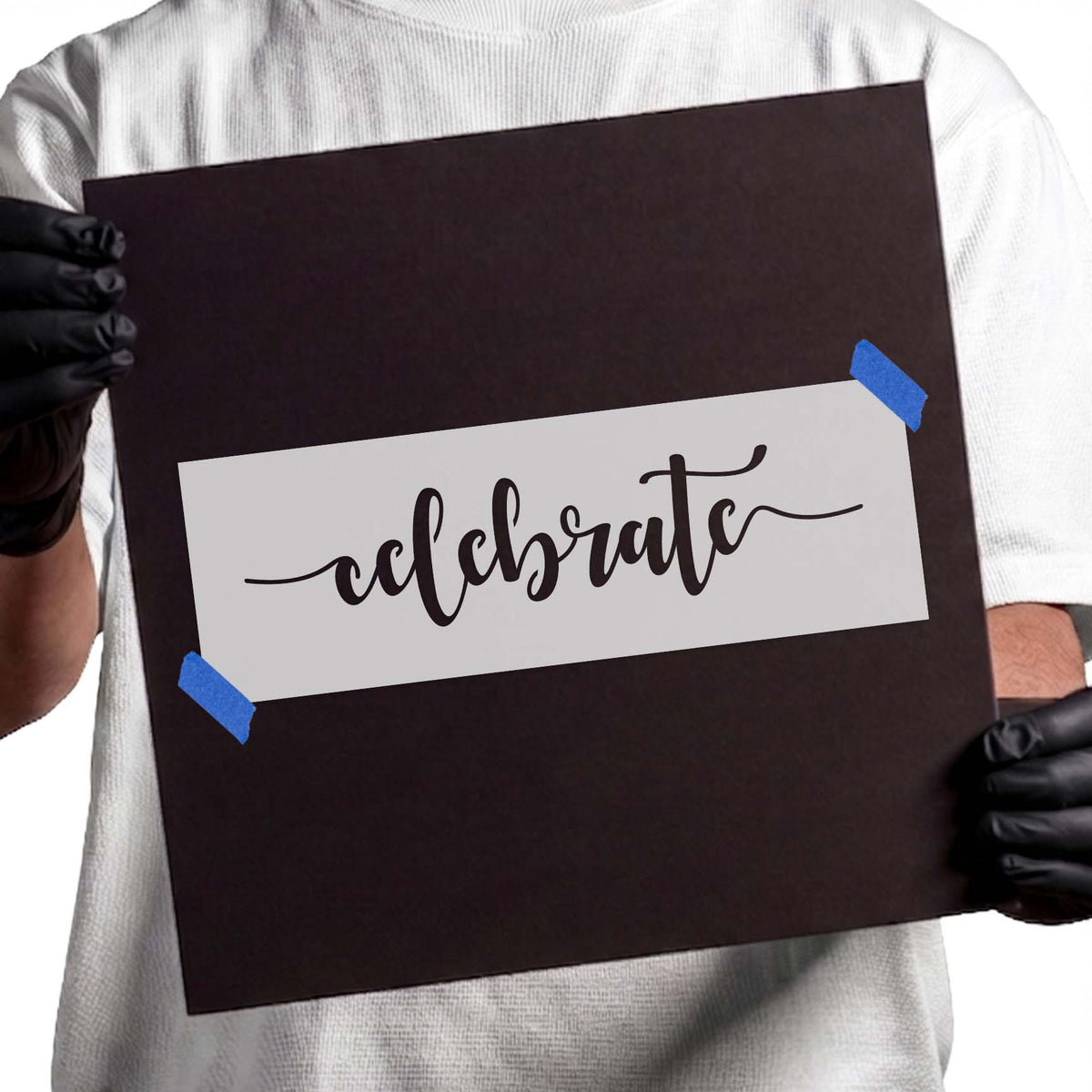 Celebrate stencil with flowing calligraphy lettering and decorative flourishes