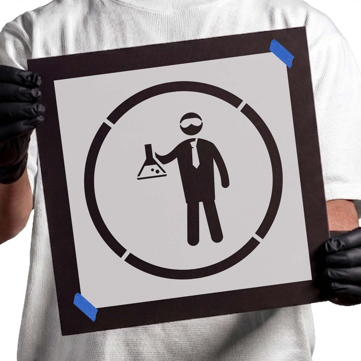 Chemistry lab stencil with figure holding flask inside circular symbol