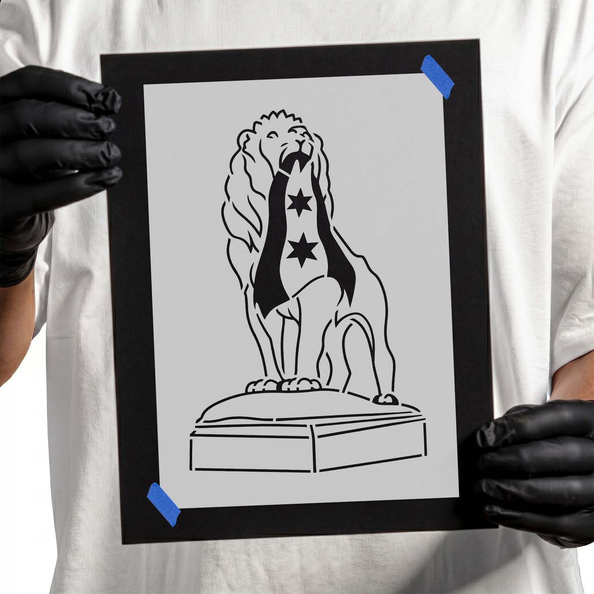 Seated lion stencil with two Chicago flag stars