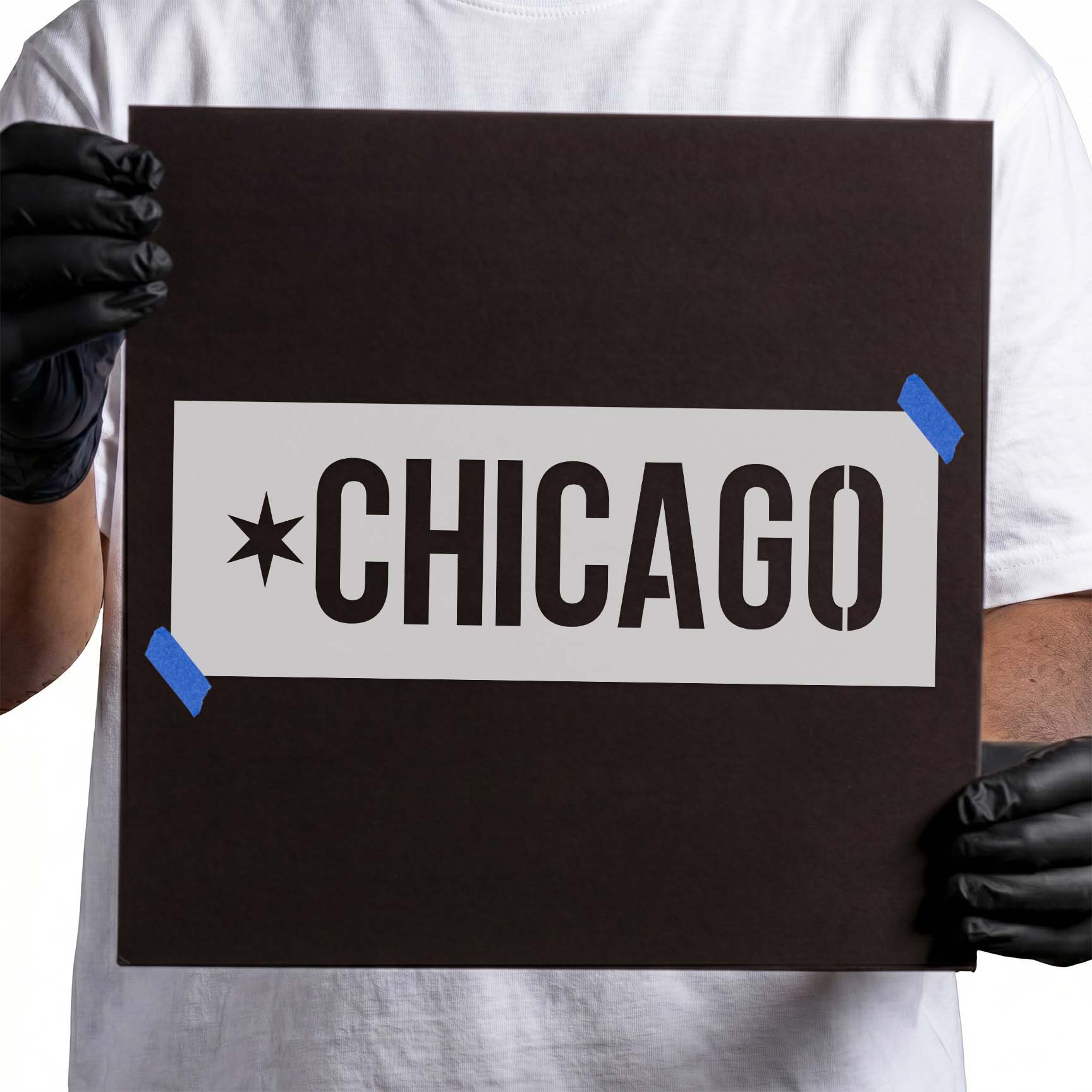 Chicago stencil with bold lettering and six-point star