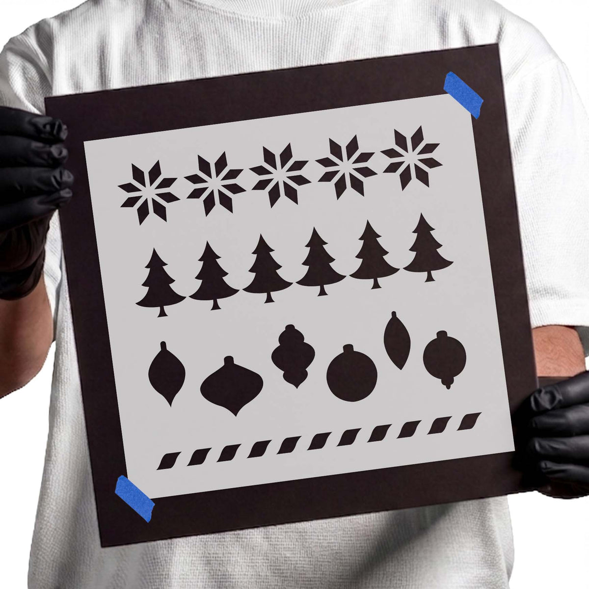 Christmas stencil with snowflakes trees ornaments and decorative border