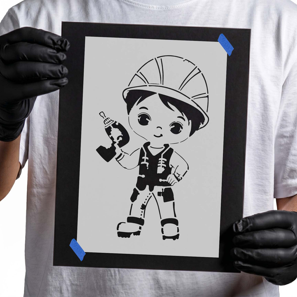 Construction boy stencil with hard hat, tool belt, and drill