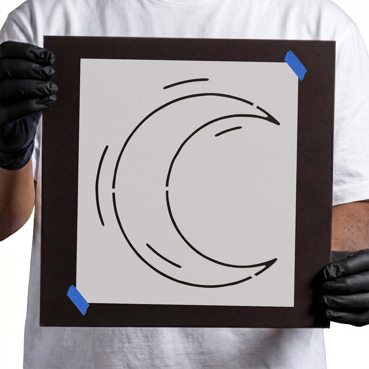 Outlined crescent moon stencil with sweeping curved details