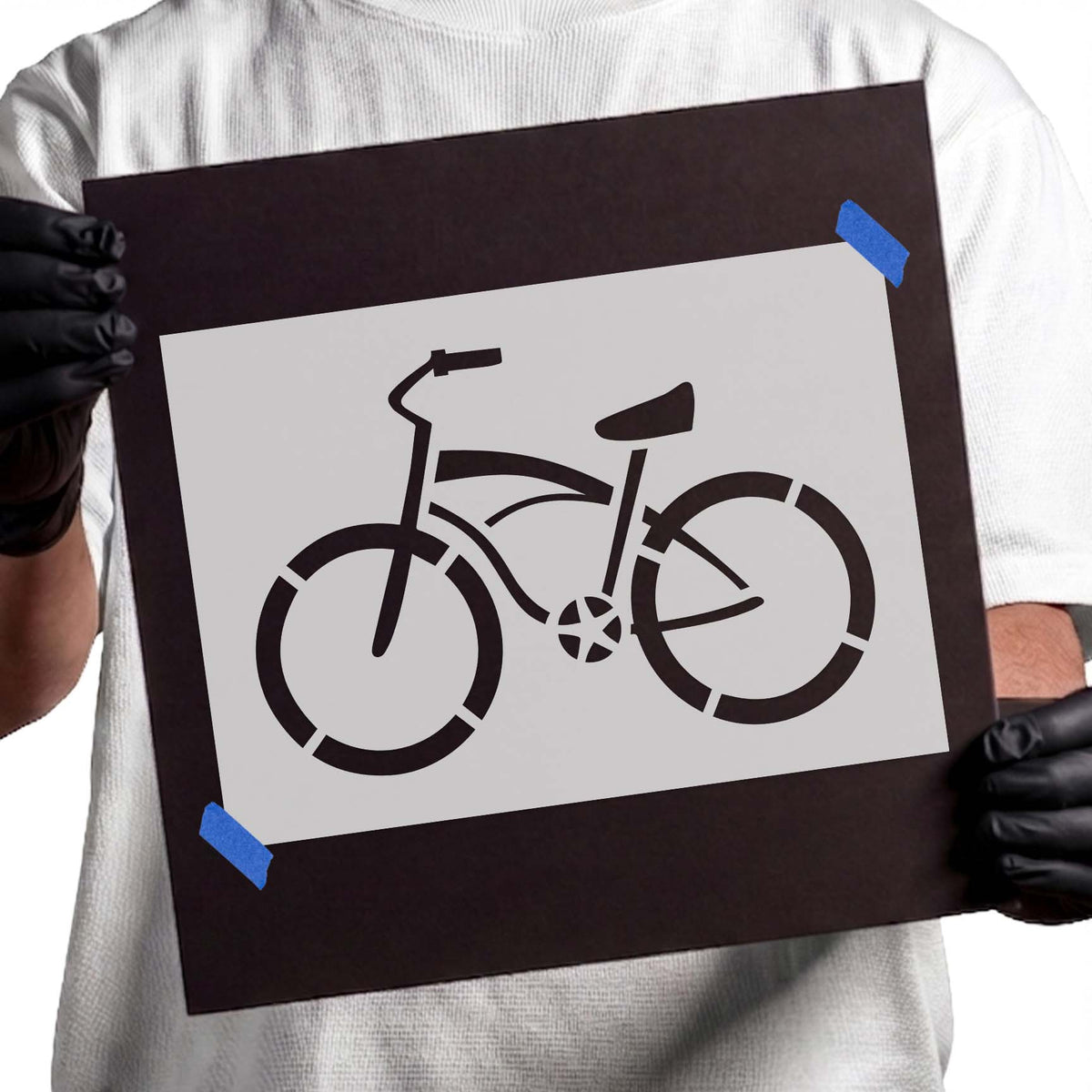 Cruiser bicycle stencil with curved frame and detailed wheels
