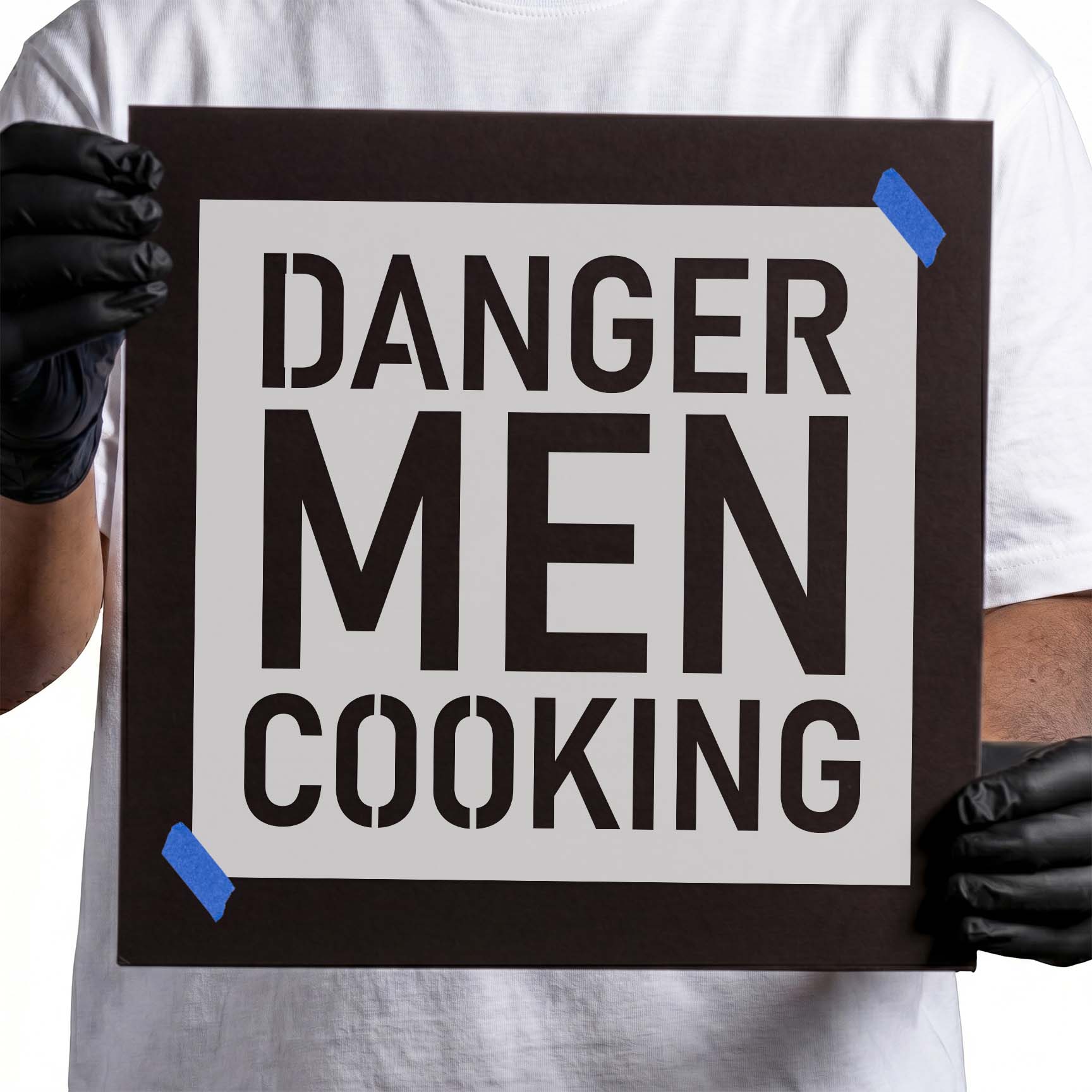 Danger men cooking stencil with bold three-line block lettering