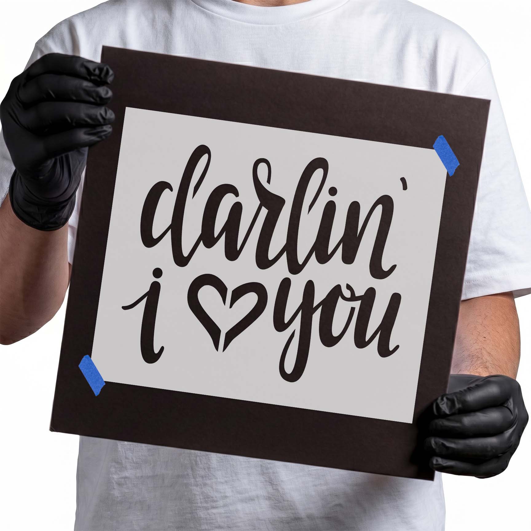 Darlin I Love You stencil with script lettering and heart symbol