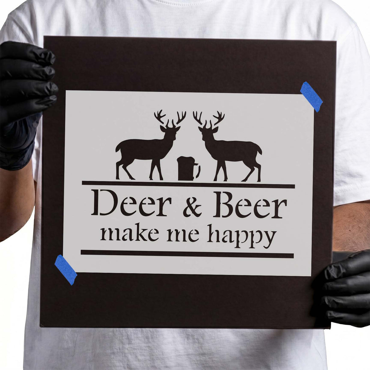 Deer And Beer Make Me Happy Stencil with two antlered bucks and a beer mug