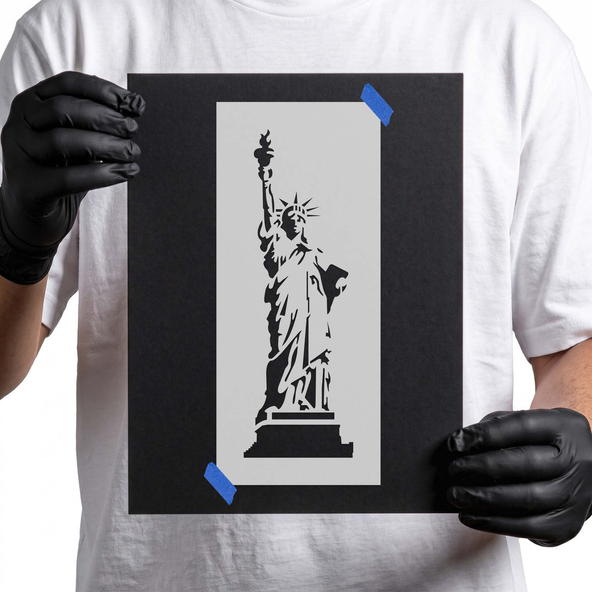 Detailed Statue of Liberty stencil with raised torch and pedestal
