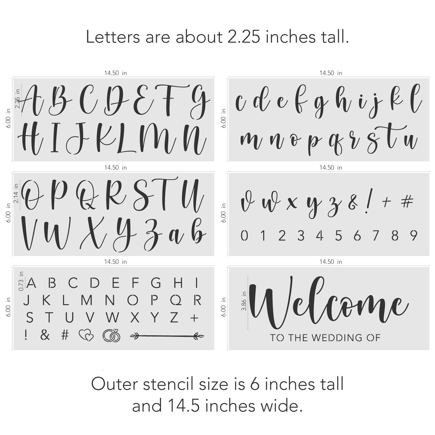 Dimensions of wedding stencil set