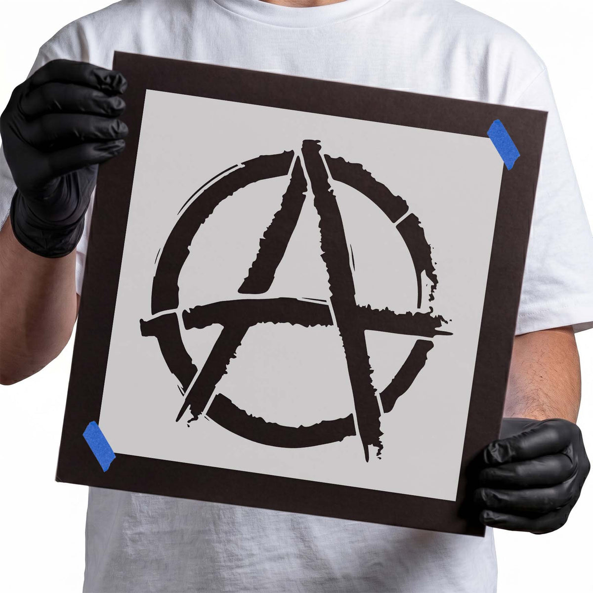 Distressed circled A anarchism symbol stencil with rough brush edges