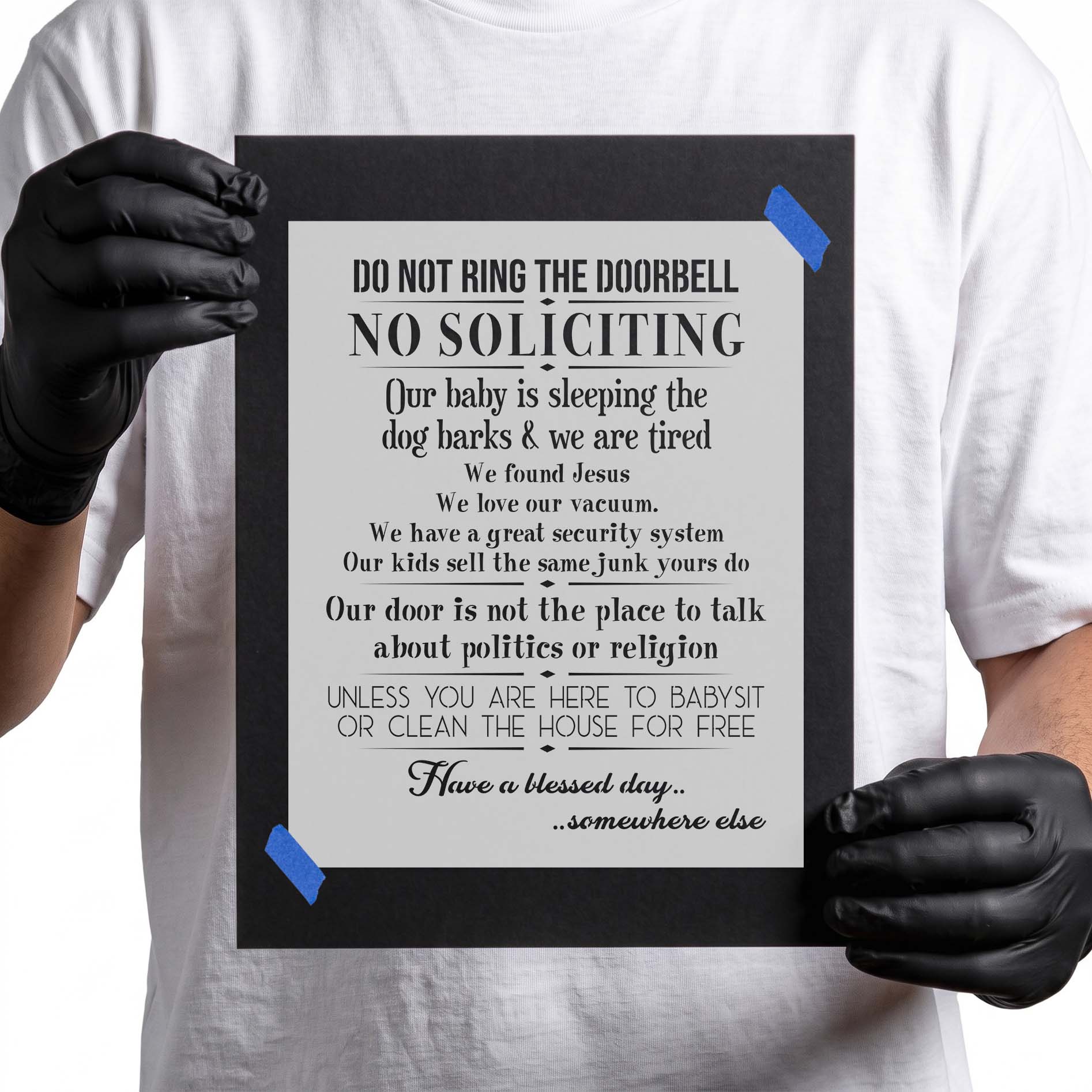 Do not ring doorbell stencil with no soliciting and humorous lettering