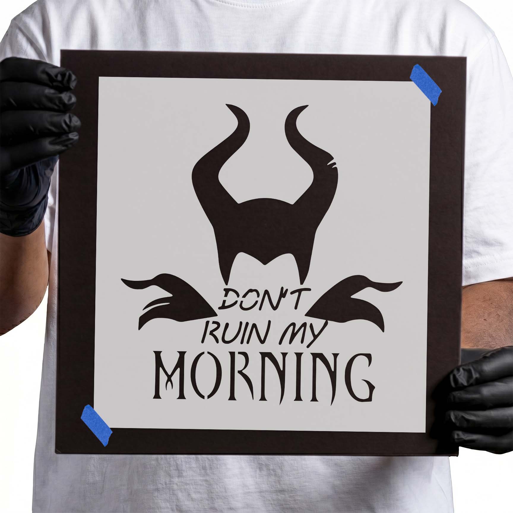Horned witch stencil with Don't Ruin My Morning lettering