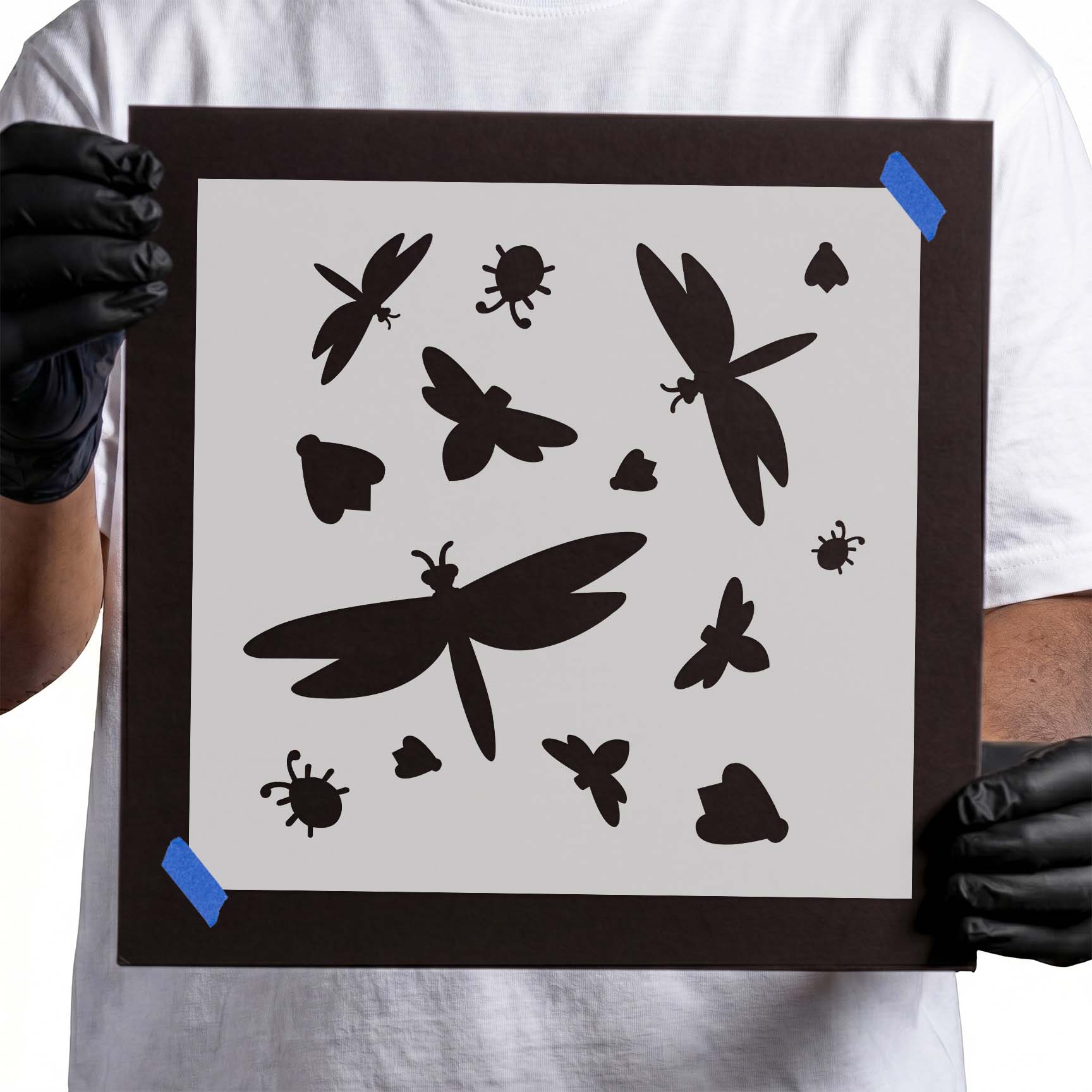 Dragonfly and bug stencil with assorted flying insect silhouettes