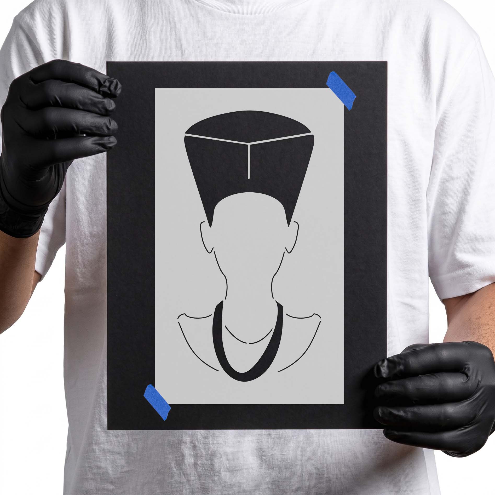 Egyptian queen stencil portrait with tall geometric headdress