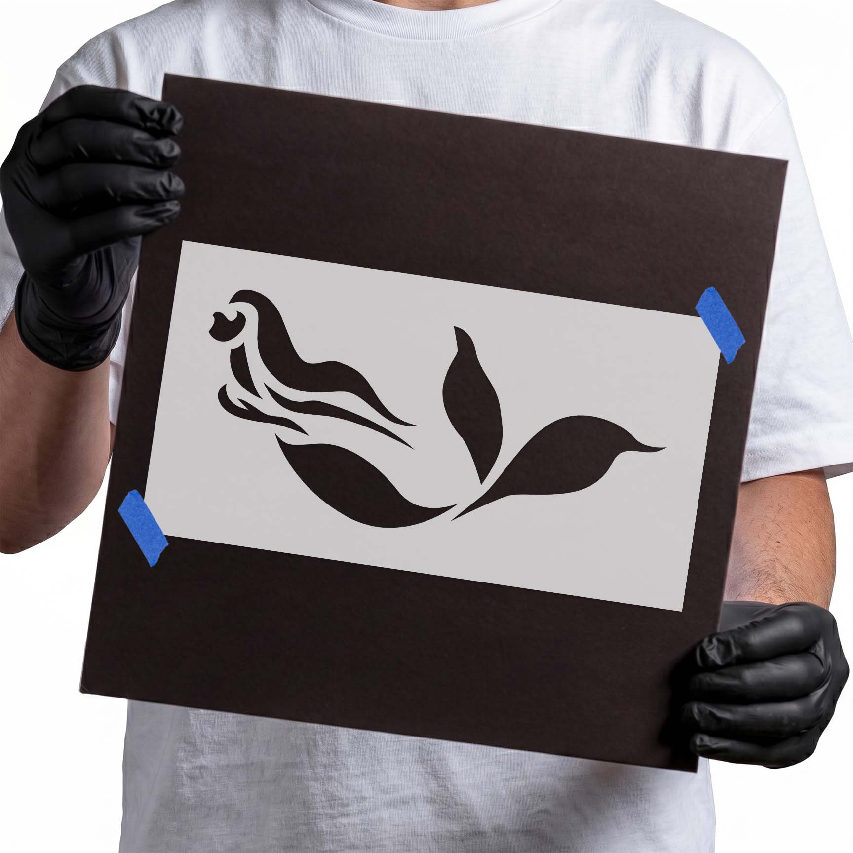 Mermaid stencil with flowing hair and sweeping decorative tail fins