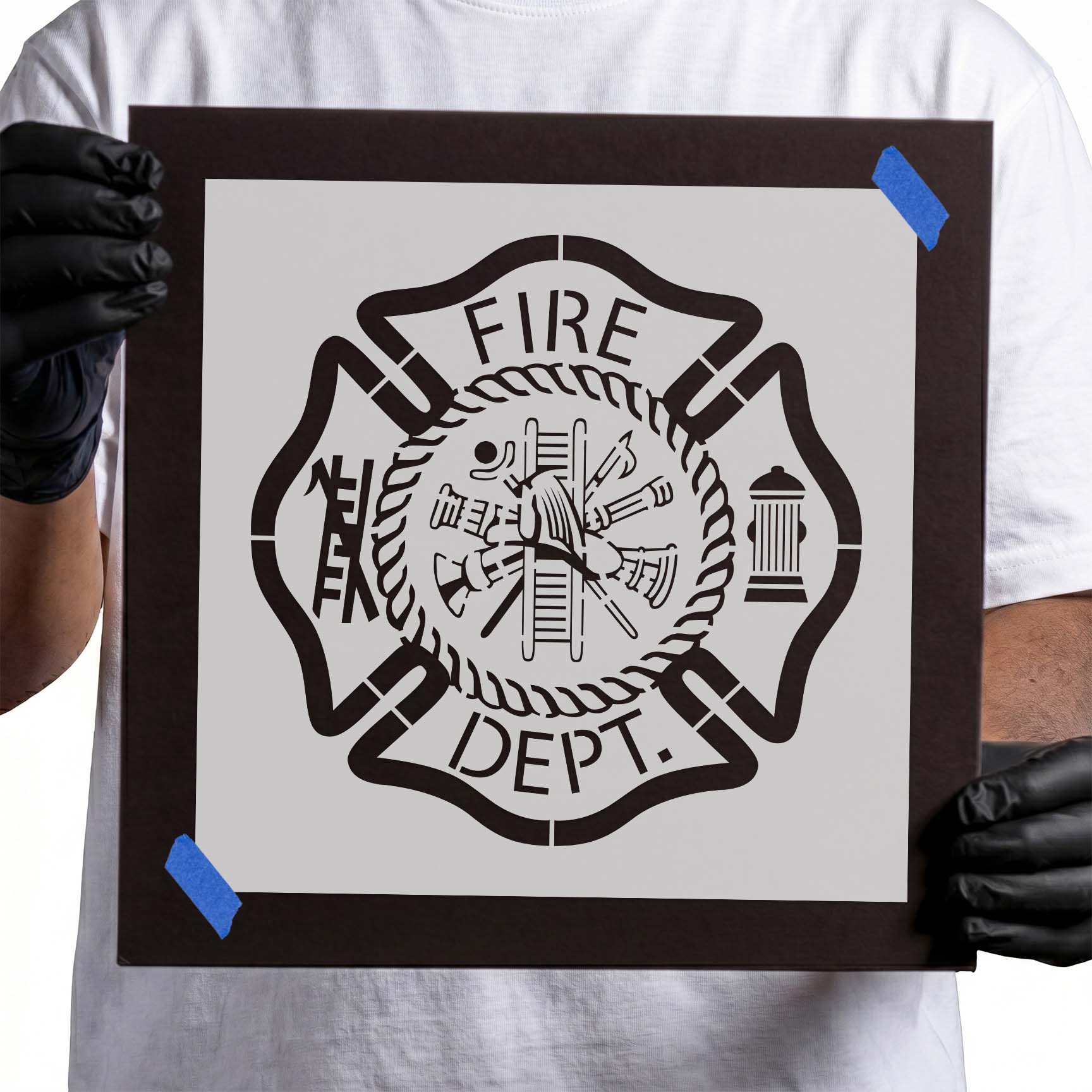 Fire department symbol stencil with firefighting tools ladder and hydrant