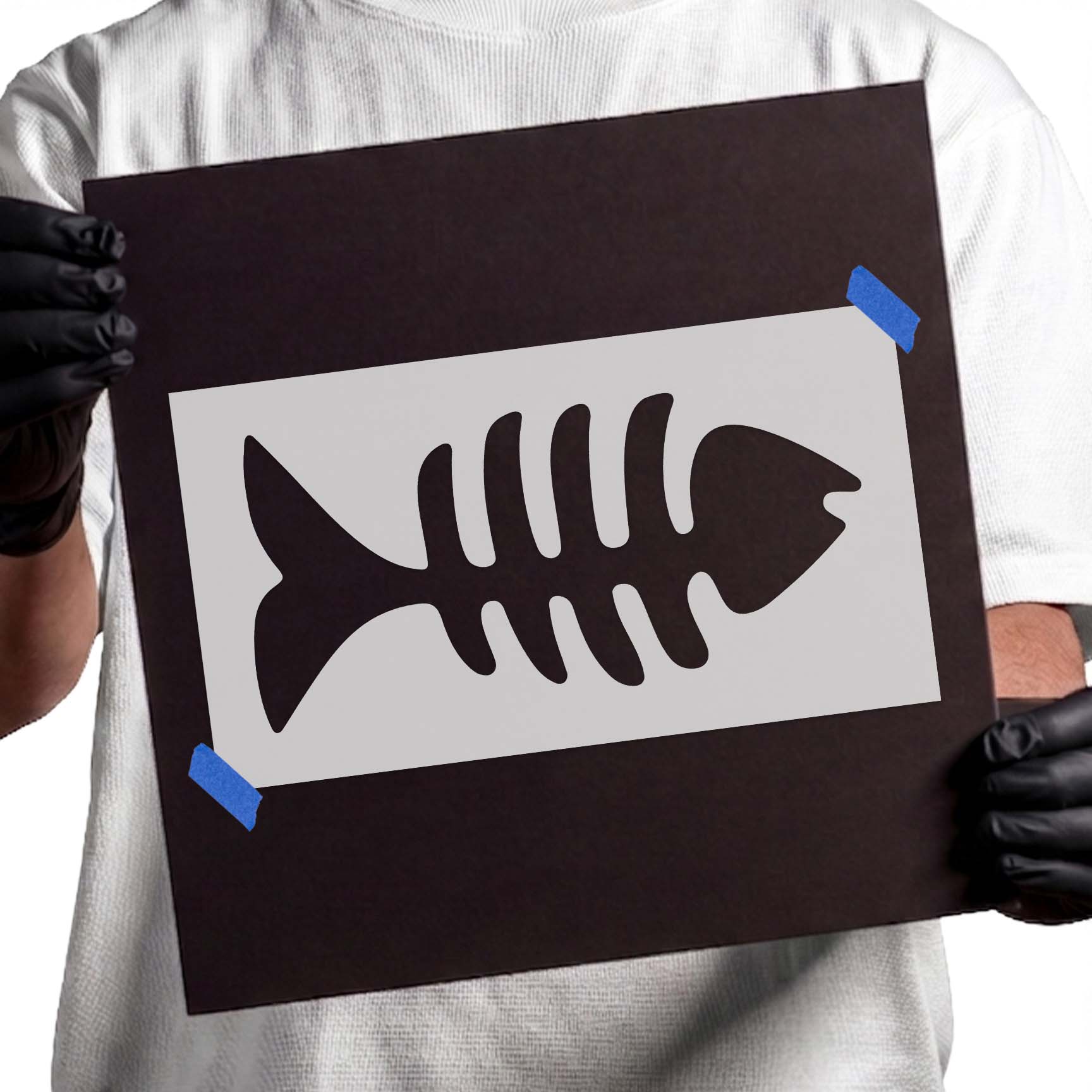 Fishbone stencil with open ribs, central spine, head and tail