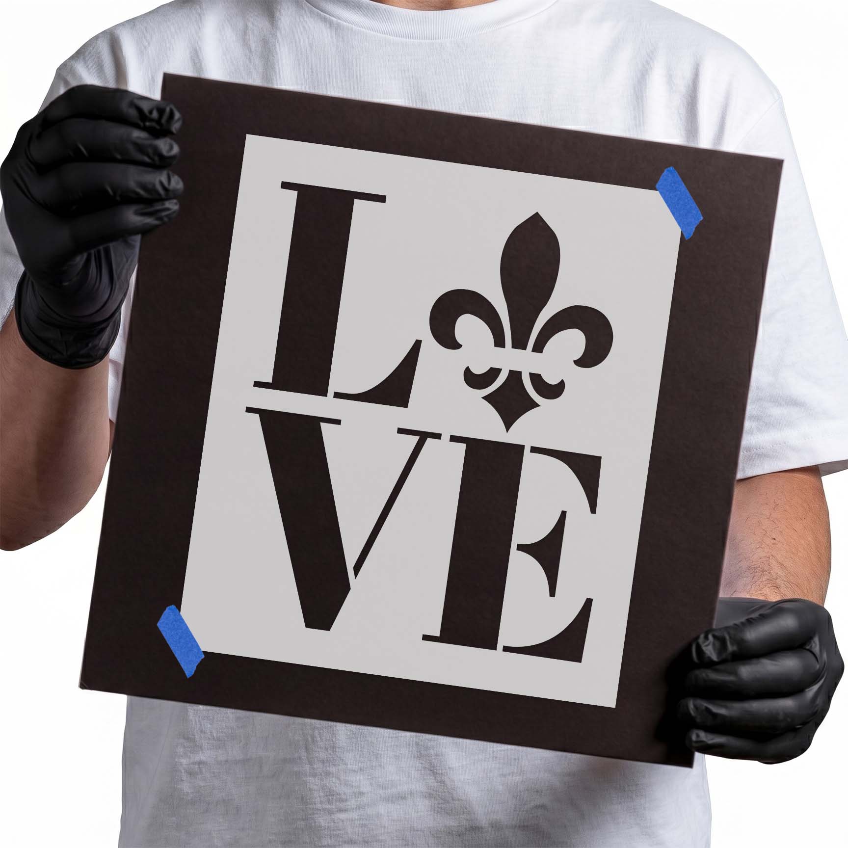 LOVE lettering stencil with decorative fleur de lis symbol