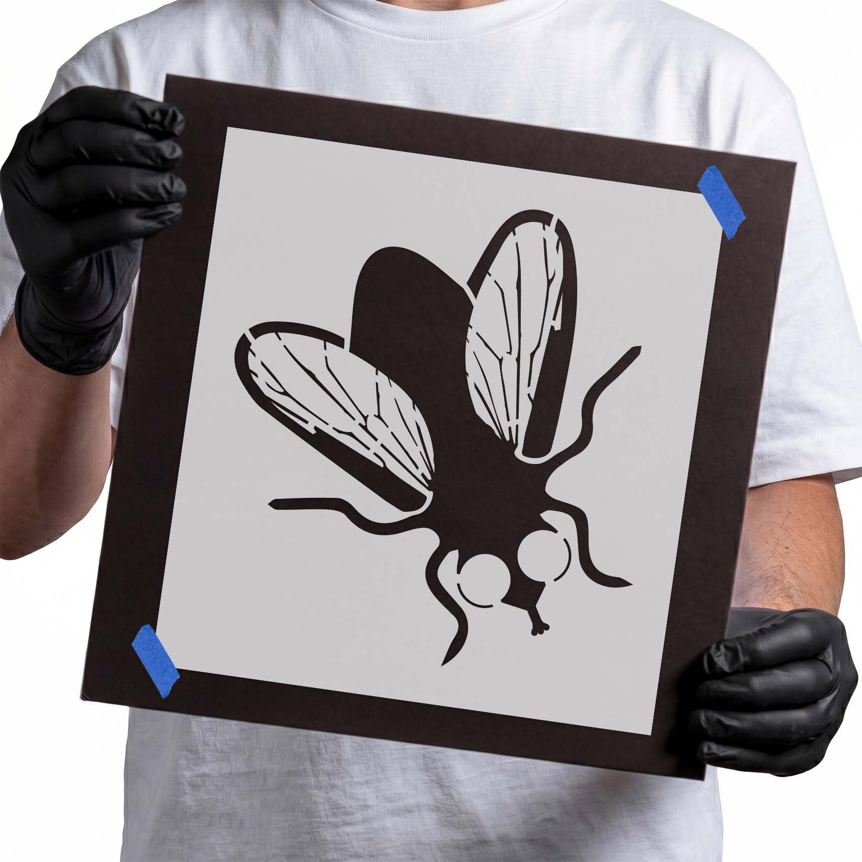 Fly stencil with detailed veined wings, prominent eyes, and extended legs