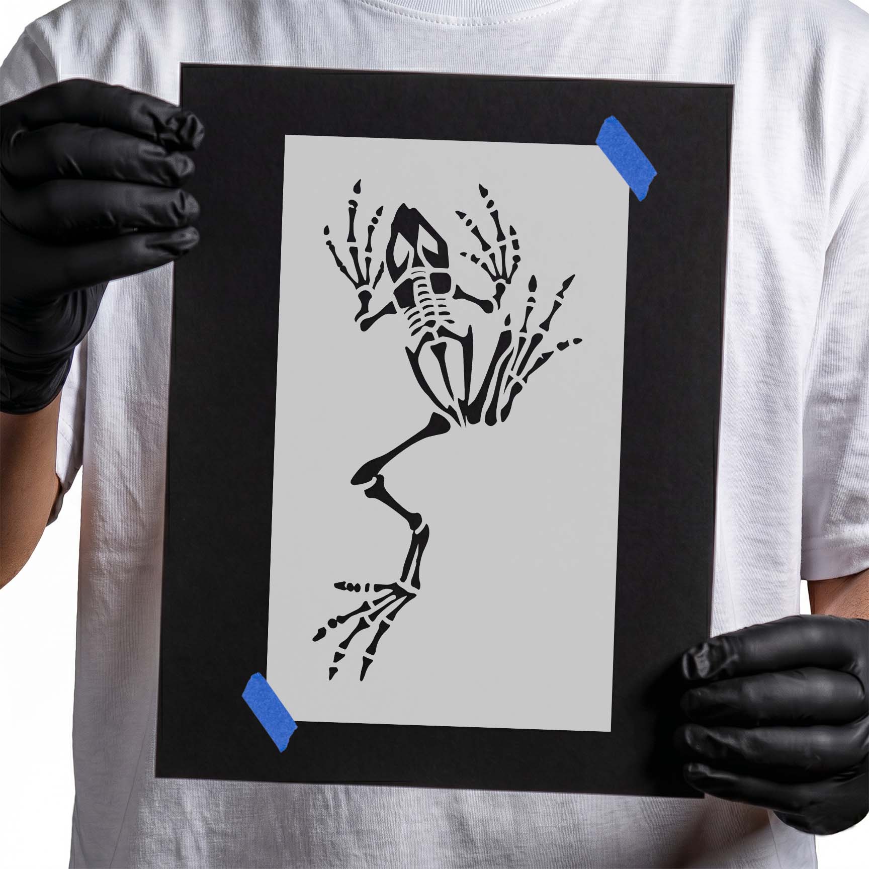 Person holding reusable frog skeleton stencil for science and nature-themed projects.