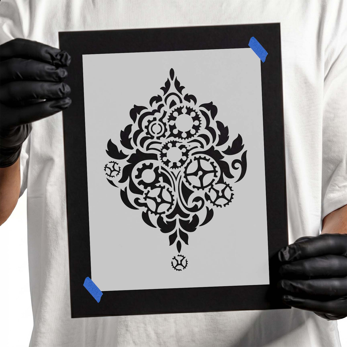 Gear flower stencil with layered petals and intricate decorative details