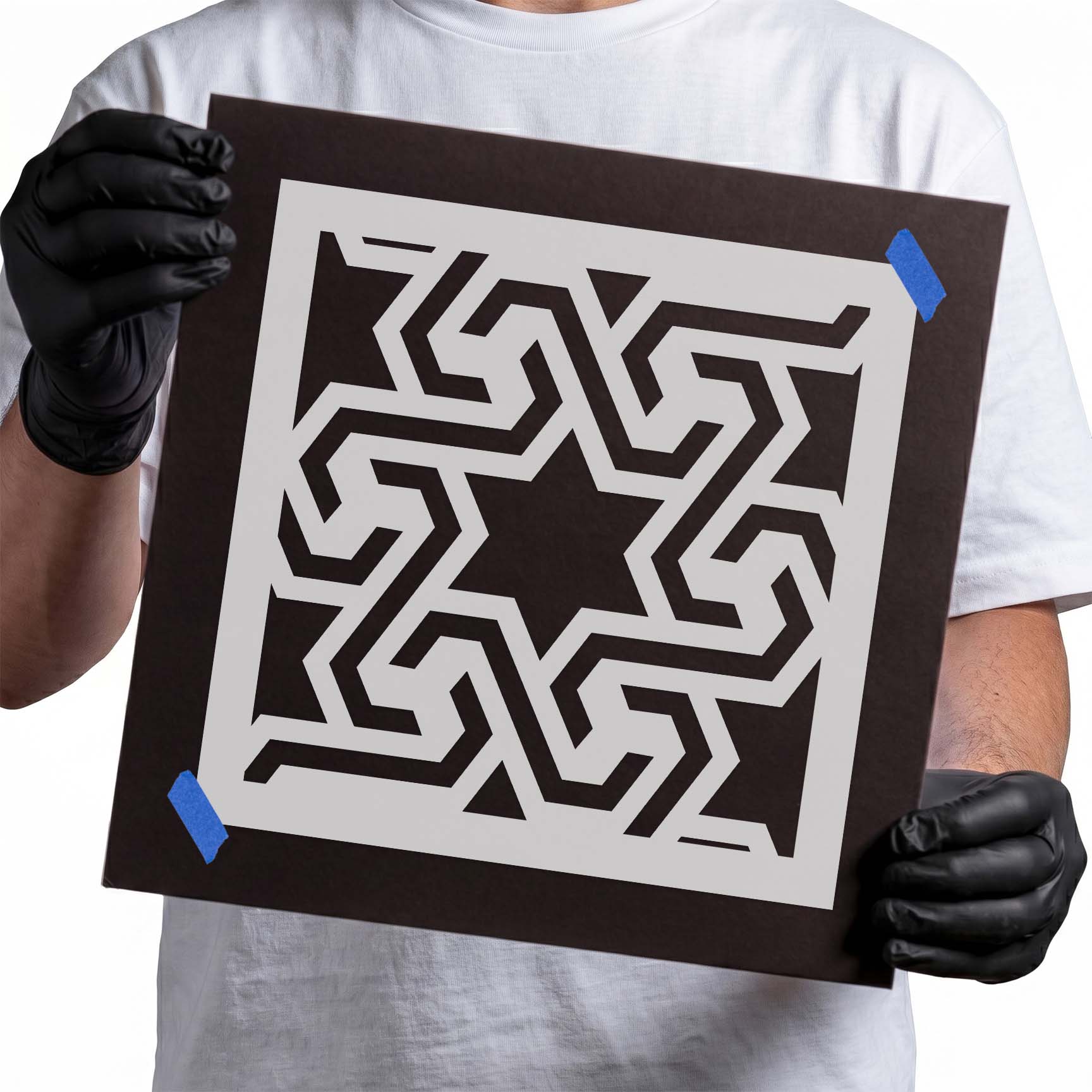 Geometric star stencil with interlocking angular tile pattern