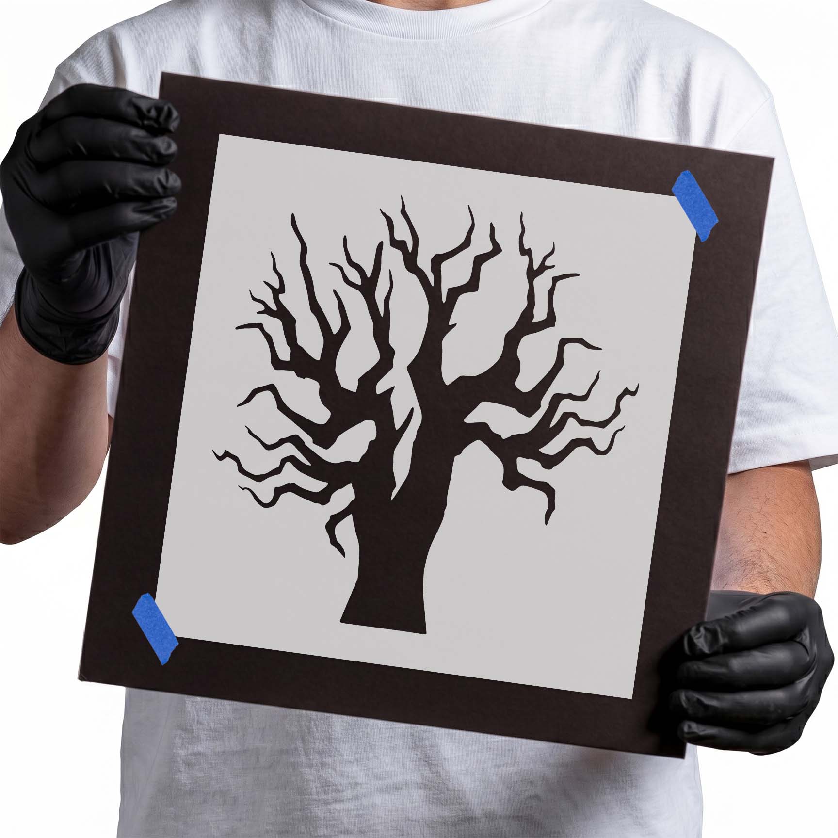 Bare tree stencil with thick trunk and twisting leafless branches