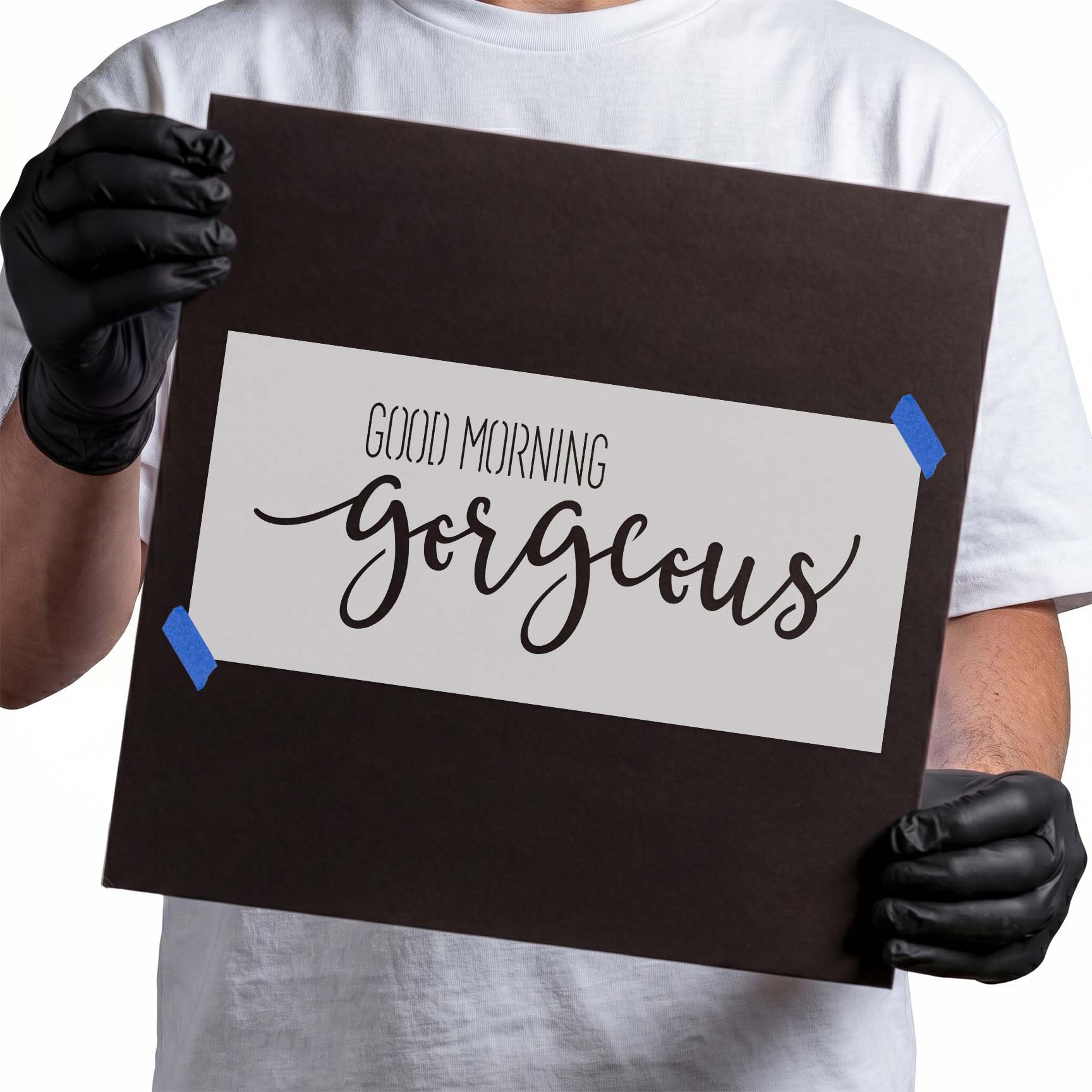 Good Morning Gorgeous stencil with flowing script and slender lettering