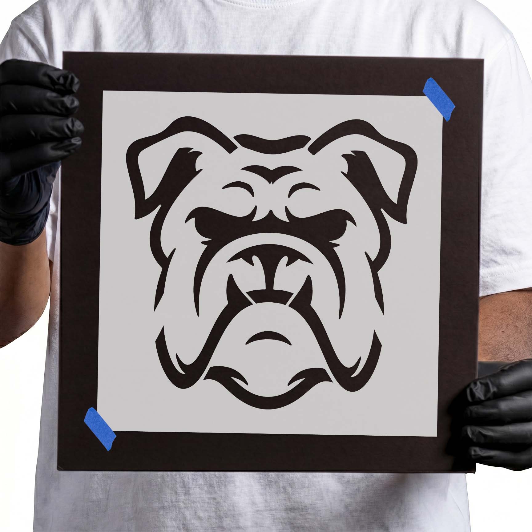 Grumpy bulldog face stencil with furrowed brow and broad muzzle