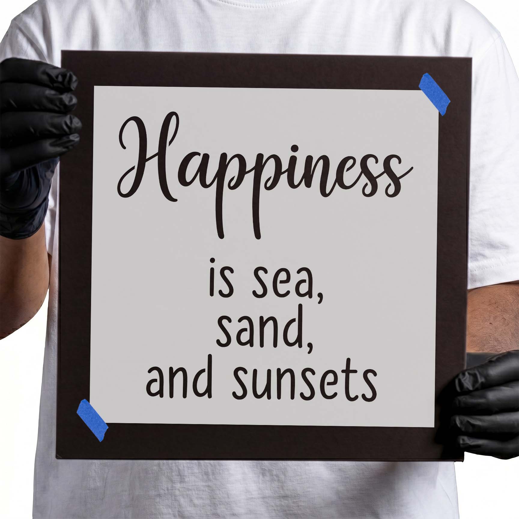 Beach quote stencil with happiness sea sand and sunsets lettering