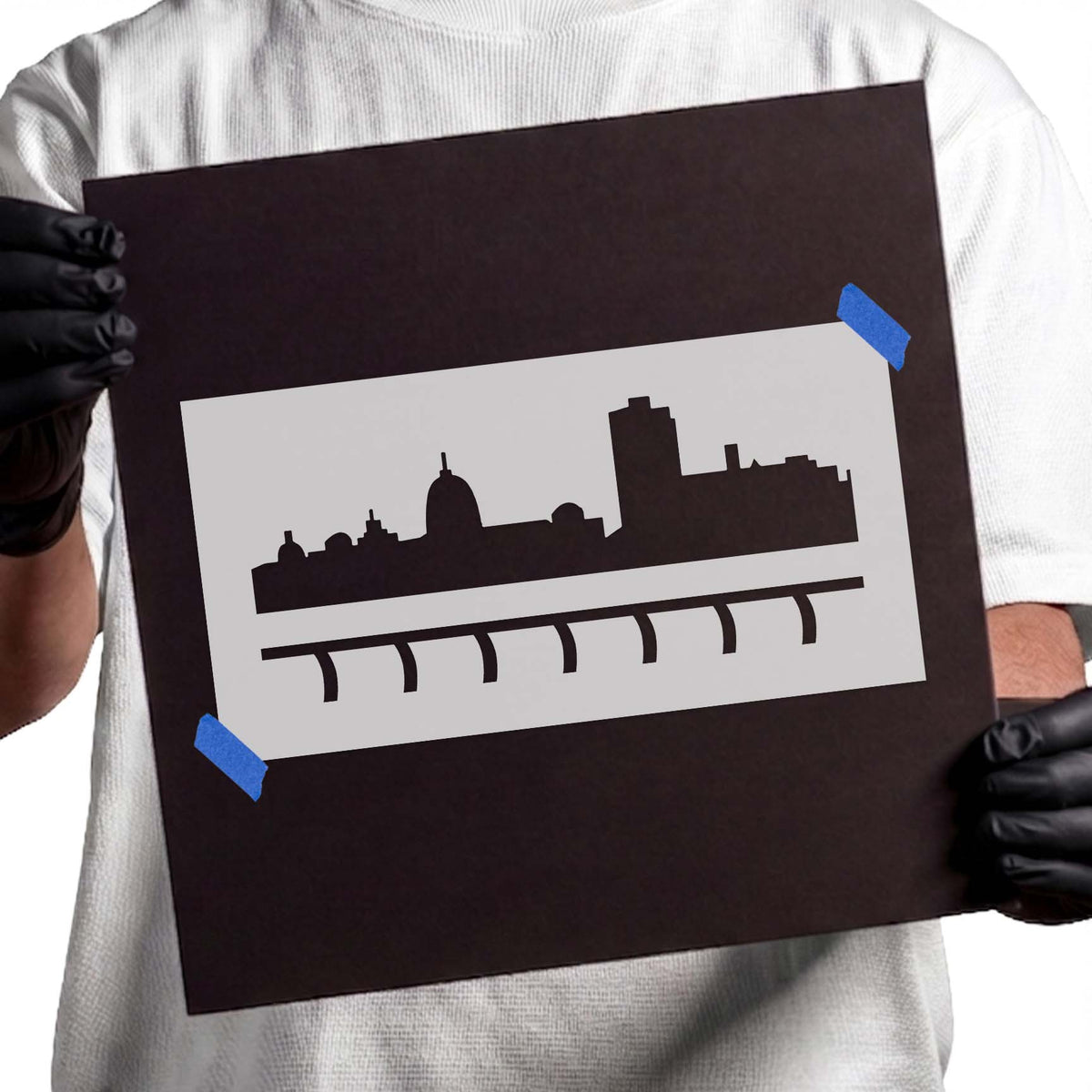 Harrisburg skyline stencil with city buildings and linear detail