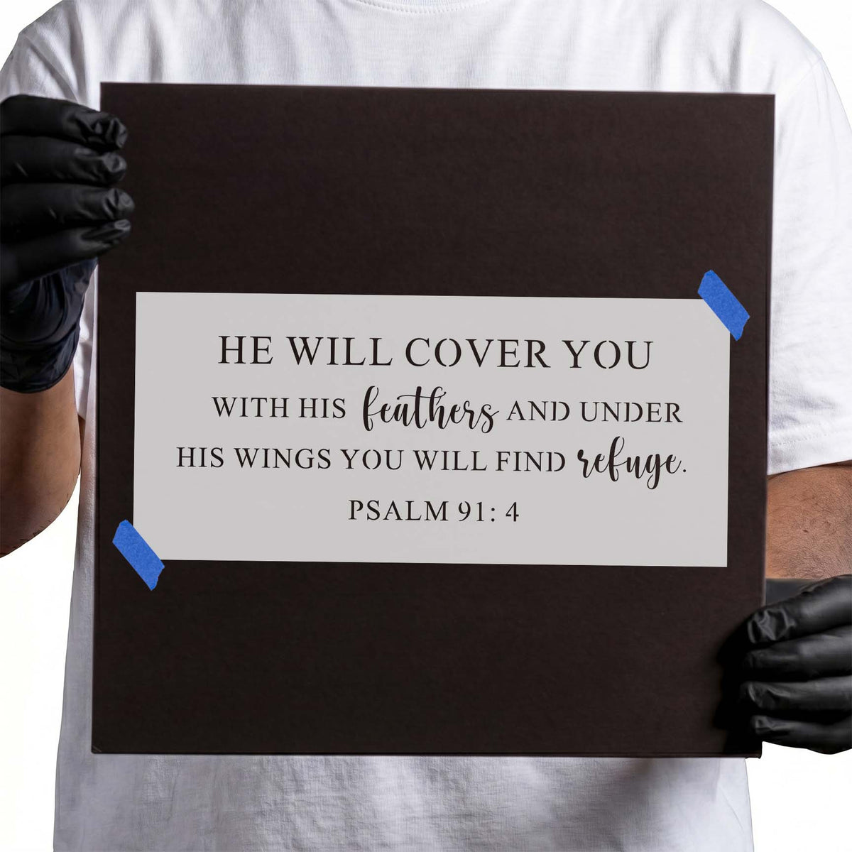 Psalm 91:4 scripture stencil with serif and script lettering