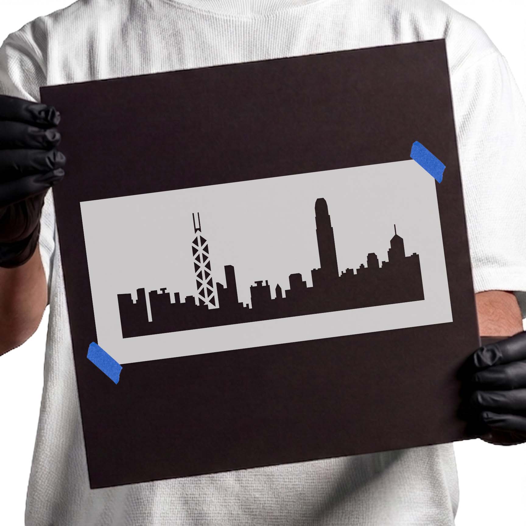 Hong Kong skyline stencil with distinctive towers and skyscrapers