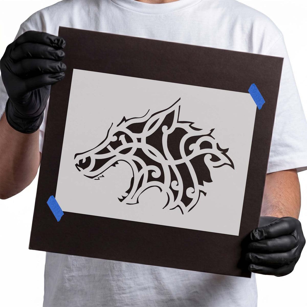 Howling wolf head stencil with bold curved ornamental linework
