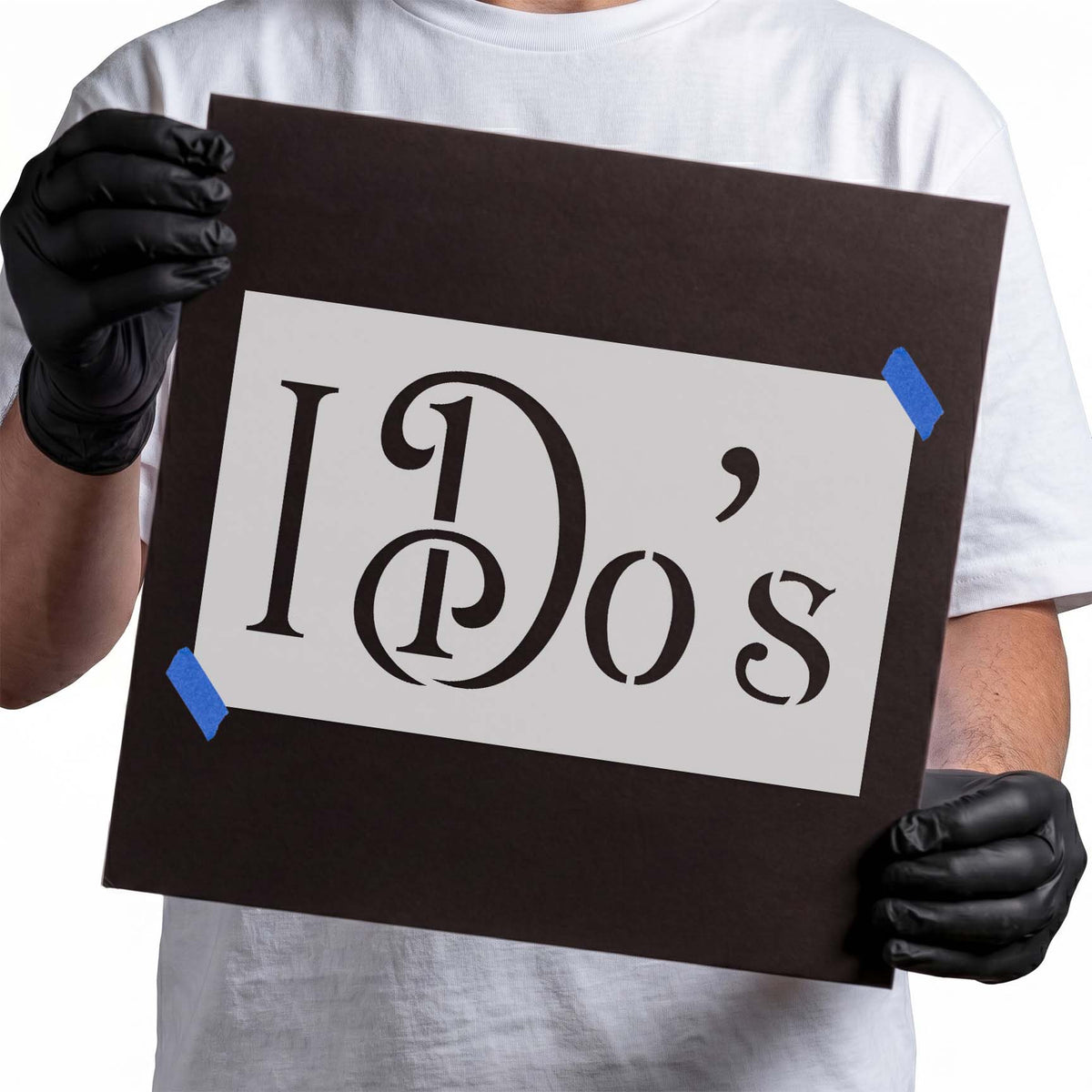 I Do's stencil featuring ornate serif lettering and an oversized decorative D