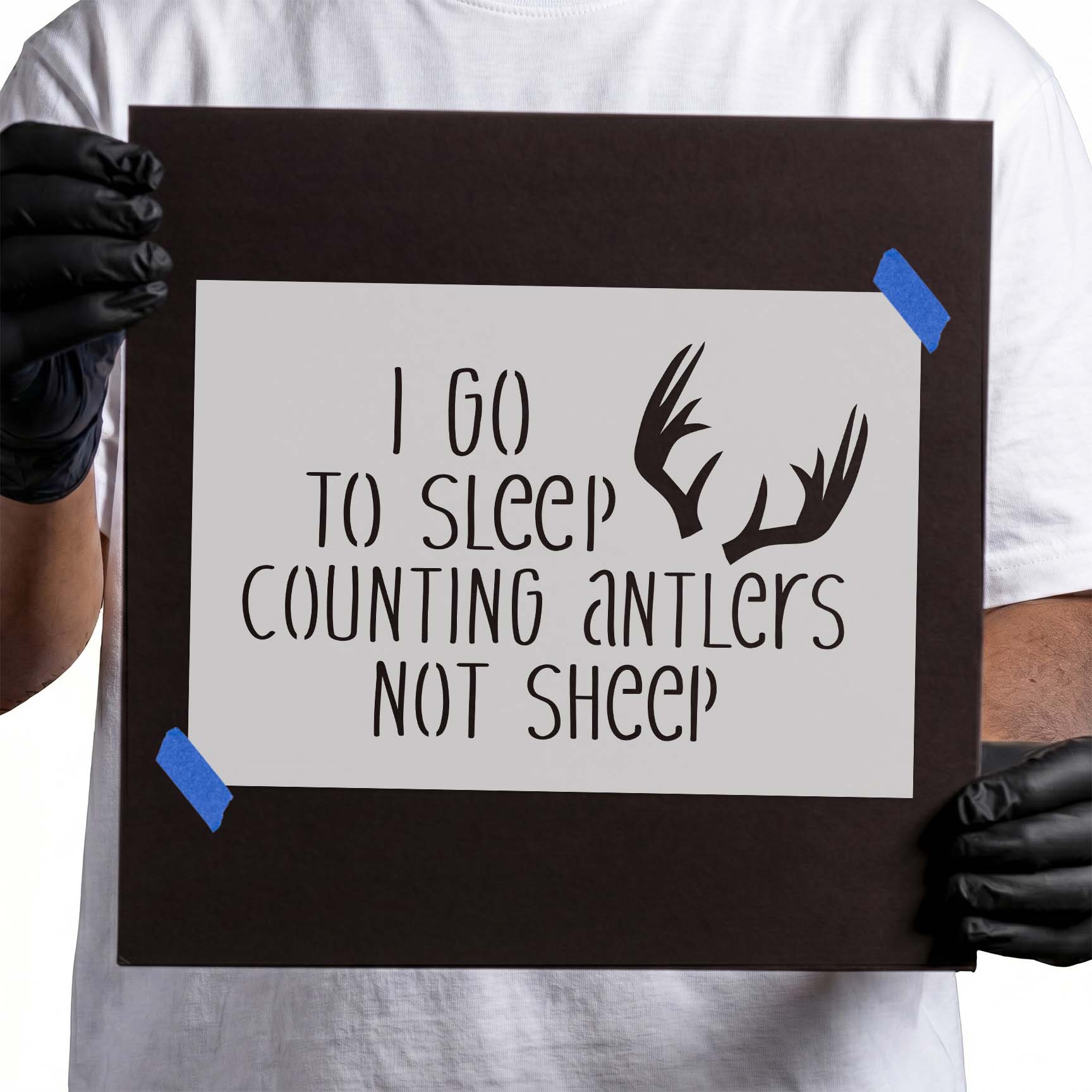 Hunting quote stencil with bold deer antlers and bedtime saying