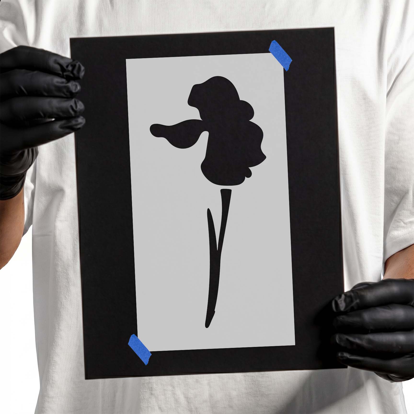 Iris flower stencil with layered petals and long slender stem