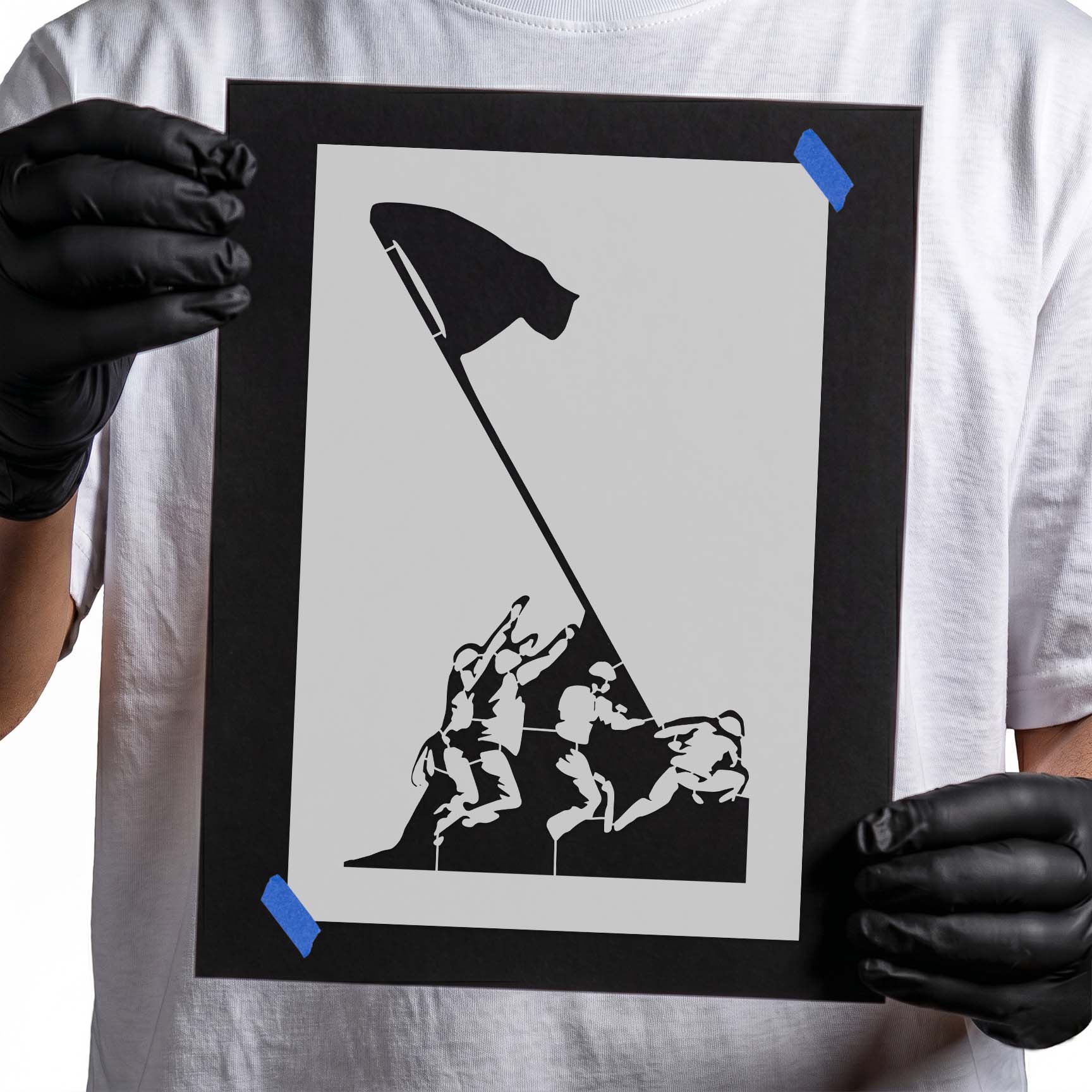 Iwo Jima memorial stencil depicting service members raising a flag
