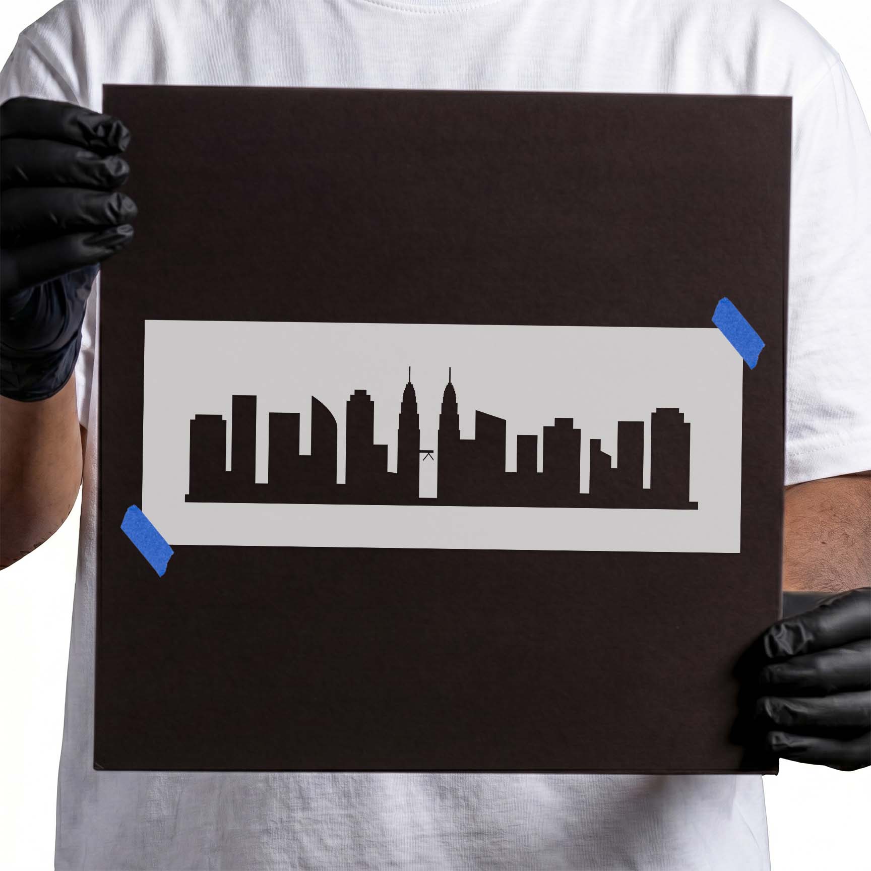 Kuala Lumpur skyline stencil with twin towers and city buildings