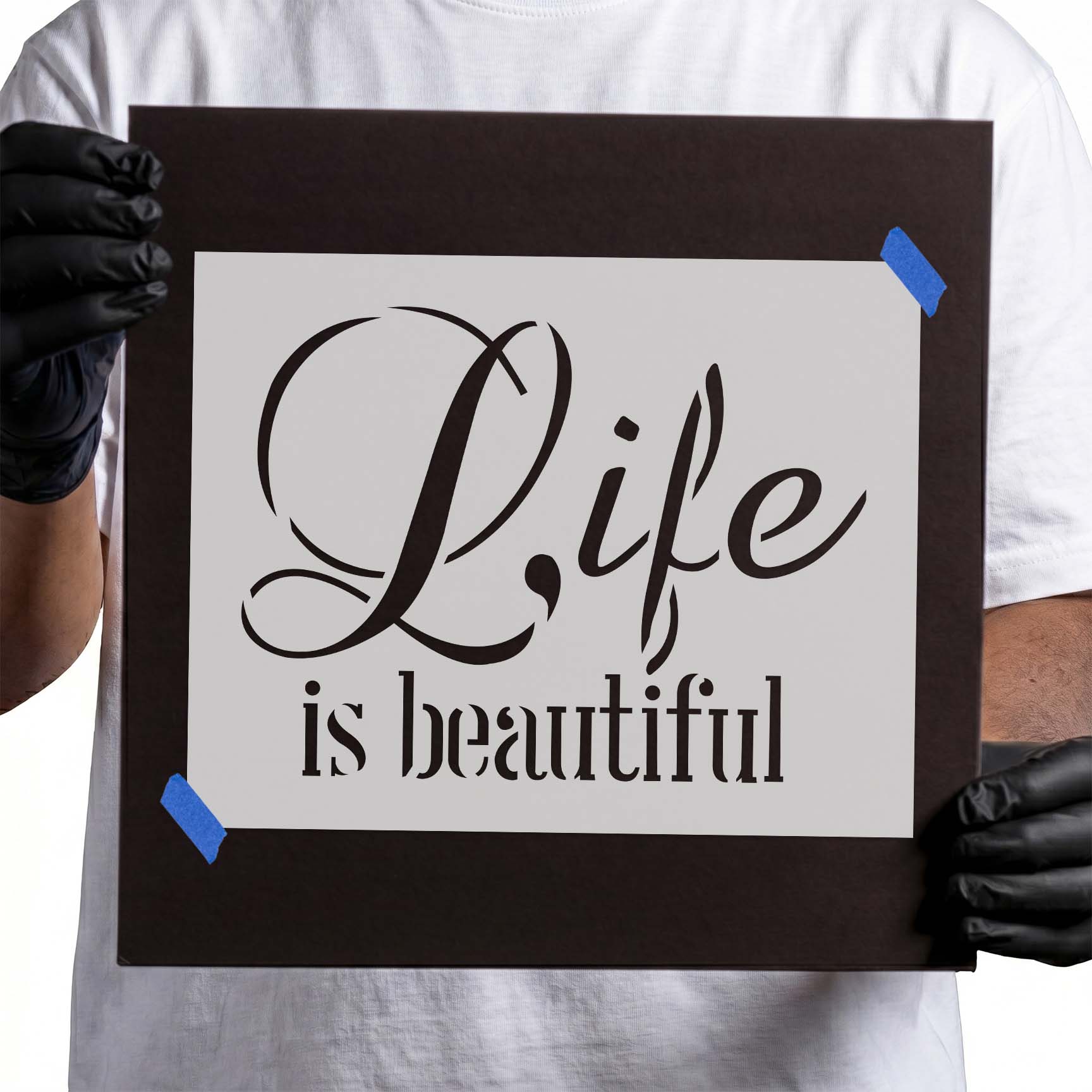 Life is beautiful stencil with flowing script and serif lettering