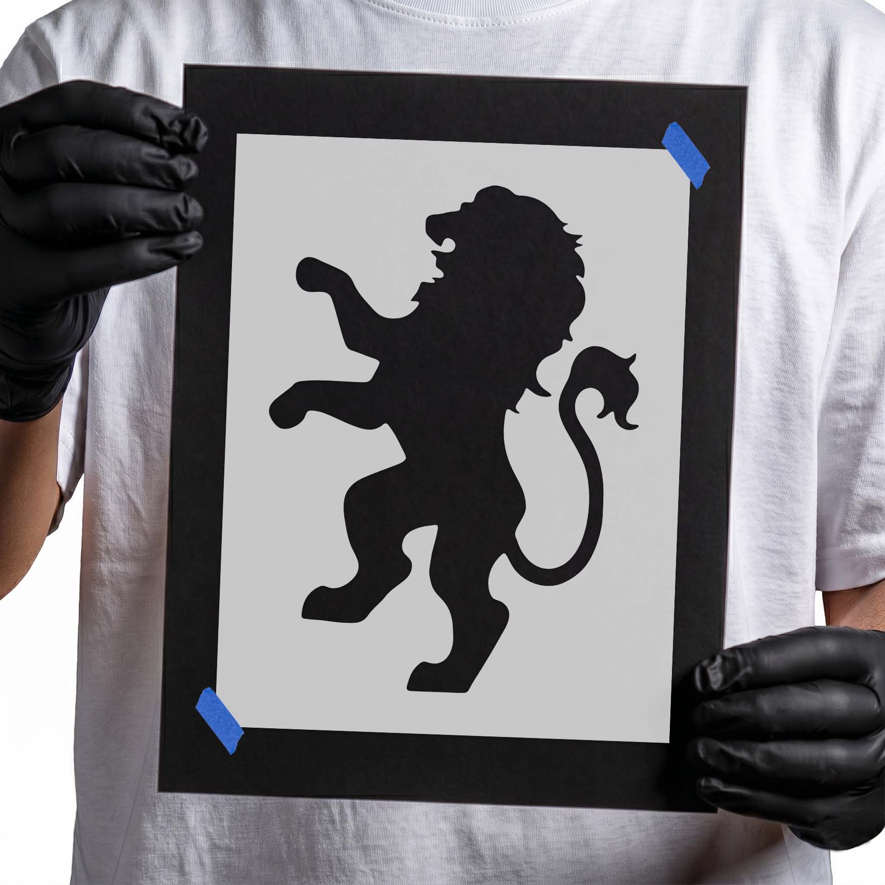 Upright lion stencil with full mane, raised paw, and curled tail