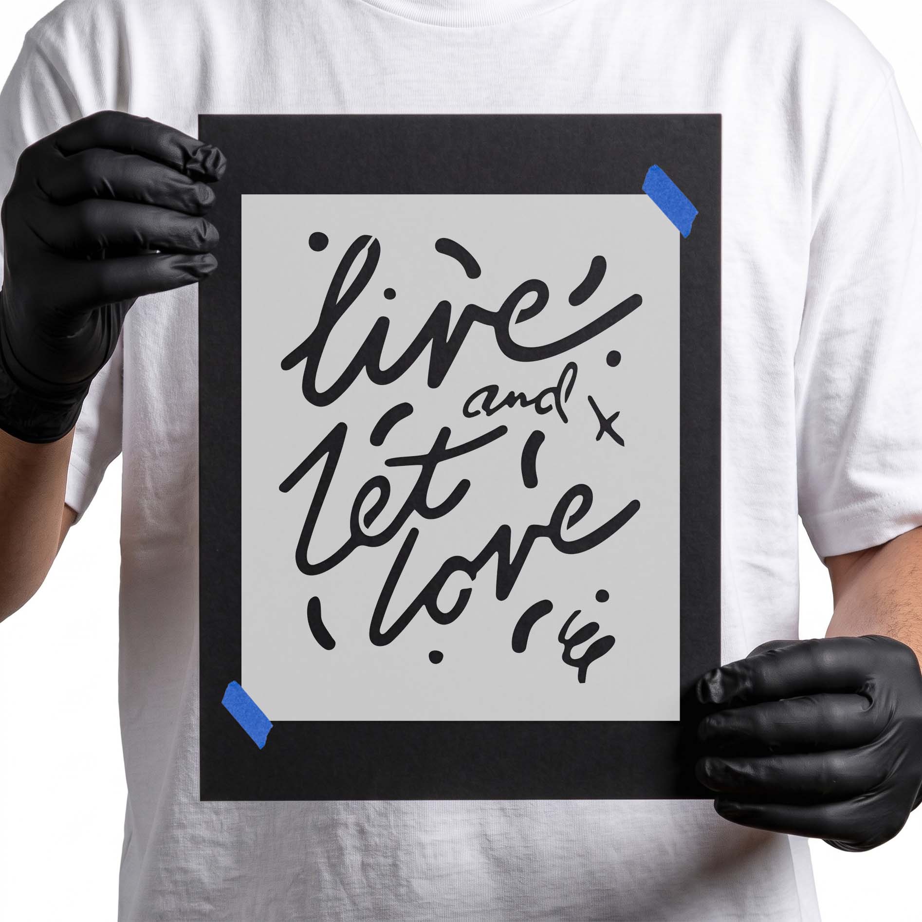 Live and let love script lettering stencil with decorative accents
