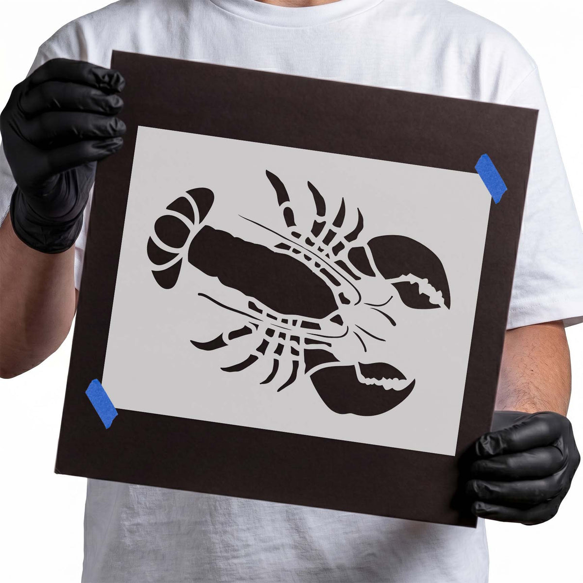 Detailed lobster stencil with large claws, antennae, legs, and segmented tail